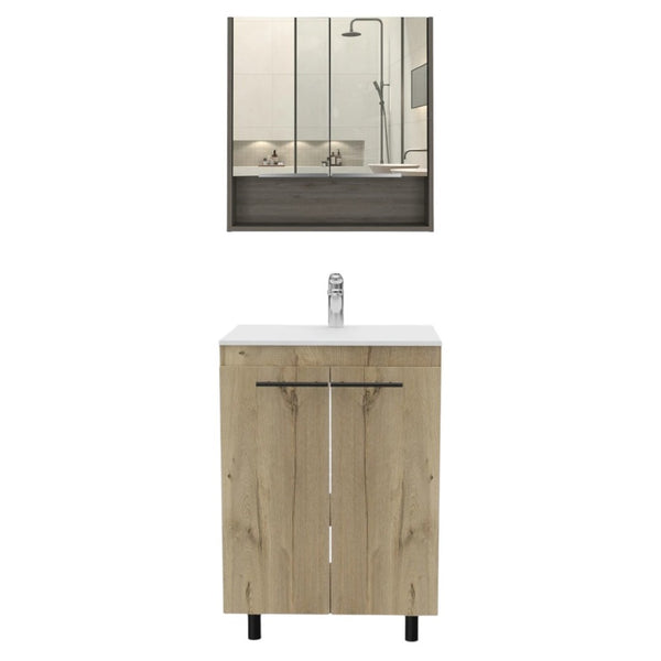 HomeRoots 24" Natural Wood Bathroom Vanity with White Sink, Medicine Cabinet & Soft-Close Storage Doors 546368