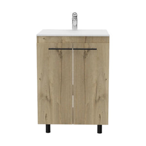 HomeRoots 24" Natural Wood Bathroom Vanity with White Sink, Medicine Cabinet & Soft-Close Storage Doors 546368