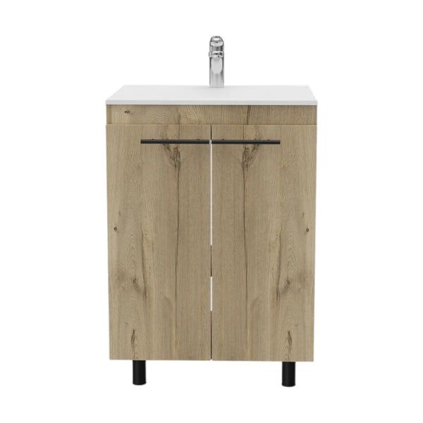 HomeRoots 24" Natural Wood Bathroom Vanity with White Sink, Medicine Cabinet & Soft-Close Storage Doors 546368