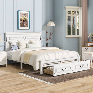 English Elm Queen Farmhouse Pinewood Storage Bed with Led Lighting Usb Charging and Panel Headboard White W504P391013