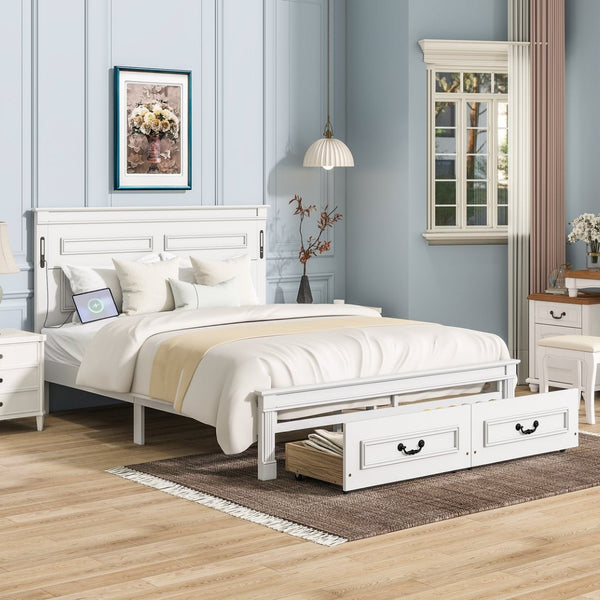 English Elm Queen Farmhouse Pinewood Storage Bed with Led Lighting Usb Charging and Panel Headboard White W504P391013