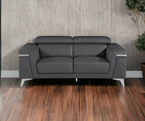 HomeRoots 70" Contemporary Leather Loveseat with Silver Accents, Adjustable Headrests, and Sleek Steel Legs WHITE 546377