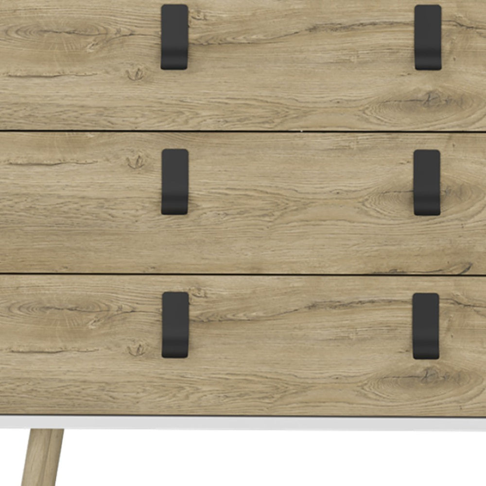 HomeRoots 32" Modern Two-Tone White & Natural Three-Drawer Dresser with Tapered Legs for Organized Storage 546385