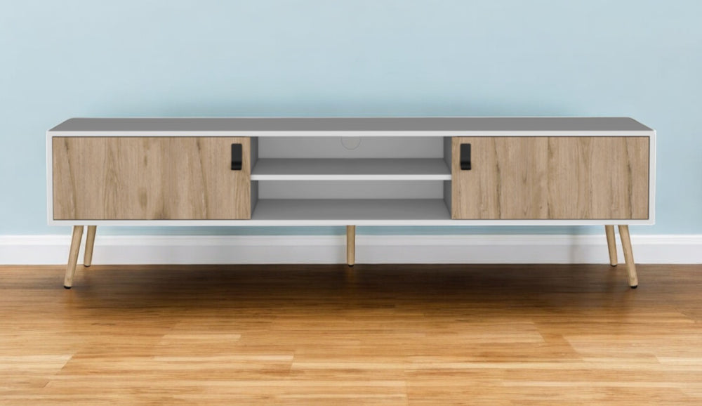 Homeroots 71" Stylish Two-tone Beige And White Tv Stand With Open And Enclosed Storage For Modern Spaces  Manufactured Wood 546400