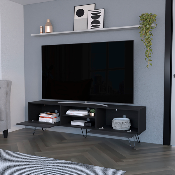 Homeroots 71" Stylish Black Wood Tv Stand With Open Storage, Cable Management & Modern Design For Any Room  Manufactured Wood 546403