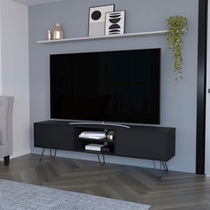 Homeroots 71" Stylish Black Wood Tv Stand With Open Storage, Cable Management & Modern Design For Any Room  Manufactured Wood 546403
