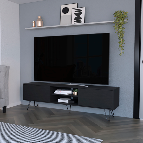 Homeroots 71" Stylish Black Wood Tv Stand With Open Storage, Cable Management & Modern Design For Any Room  Manufactured Wood 546403