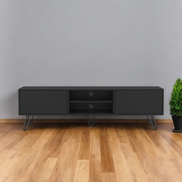Homeroots 71" Stylish Black Wood Tv Stand With Open Storage, Cable Management & Modern Design For Any Room  Manufactured Wood 546403