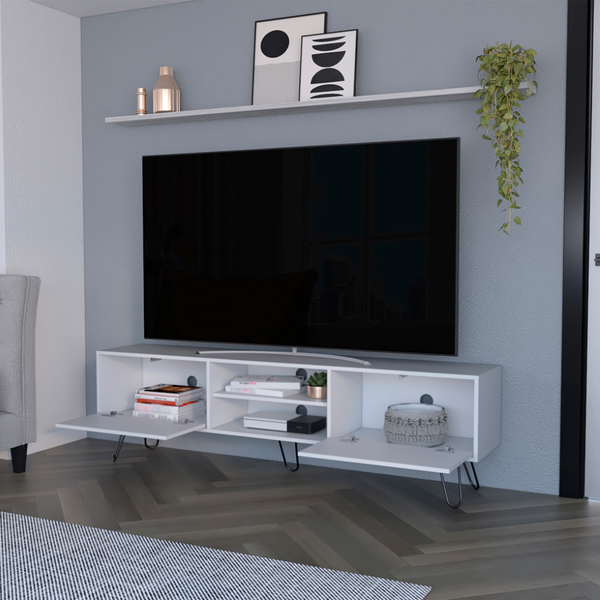 Homeroots 71" Modern White Cabinet Tv Stand With Open & Enclosed Storage, Stylish Hairpin Legs For Any Room  Manufactured Wood 546404