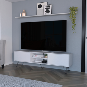 Homeroots 71" Modern White Cabinet Tv Stand With Open & Enclosed Storage, Stylish Hairpin Legs For Any Room  Manufactured Wood 546404