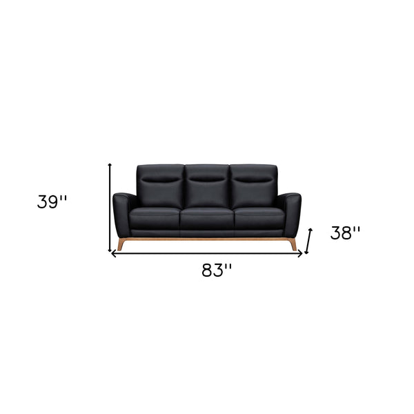 Homeroots 83" Black Leather Sofa With Brown Legs   546407