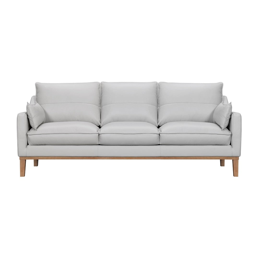 HomeRoots 87" Gray Leather Sofa with Stylish Toss Pillows & Sturdy Brown Legs for Modern Living Room Décor 546408
