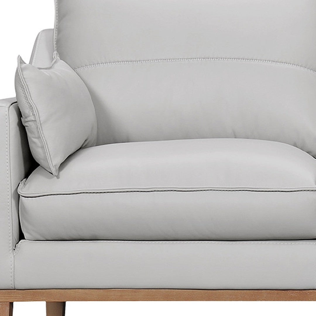HomeRoots 87" Gray Leather Sofa with Stylish Toss Pillows & Sturdy Brown Legs for Modern Living Room Décor 546408