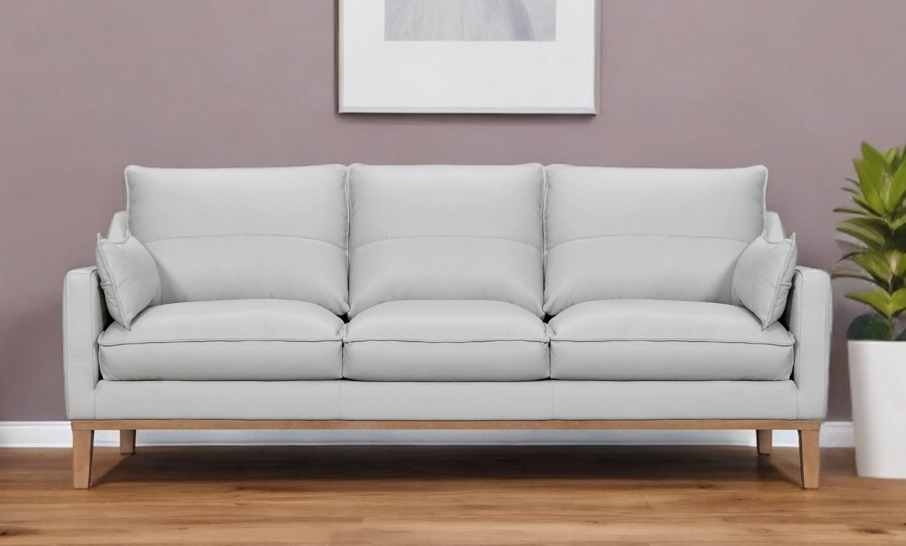 HomeRoots 87" Gray Leather Sofa with Stylish Toss Pillows & Sturdy Brown Legs for Modern Living Room Décor 546408