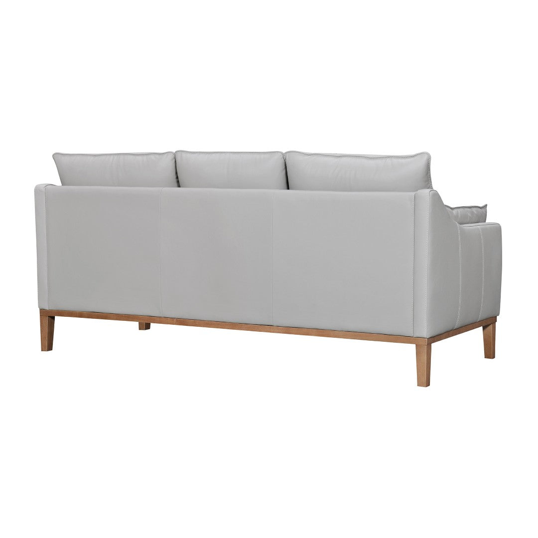 HomeRoots 87" Gray Leather Sofa with Stylish Toss Pillows & Sturdy Brown Legs for Modern Living Room Décor 546408