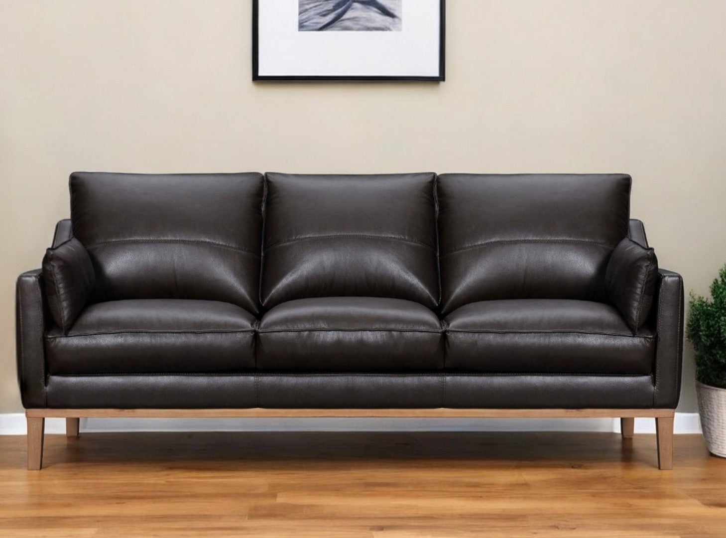 HomeRoots 87" Dark Brown Leather Sofa with Toss Pillows – Luxe Comfort, Modern Design, Perfect for Any Space 546409