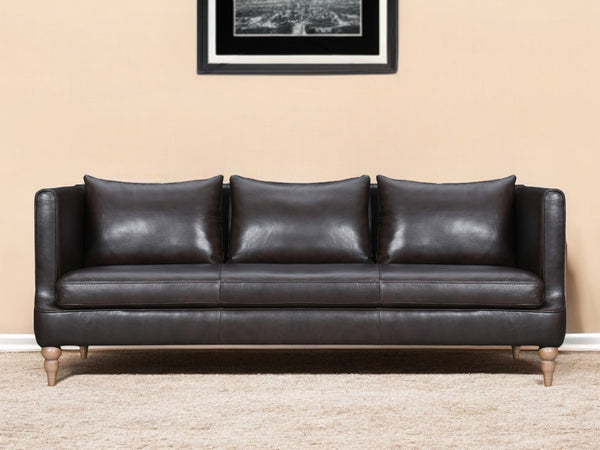 Homeroots 85" Dark Brown Leather Sofa With Brown Legs   546412