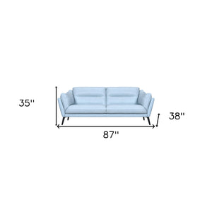 Homeroots 87" Sky Blue Leather Sofa With Black Legs   546414