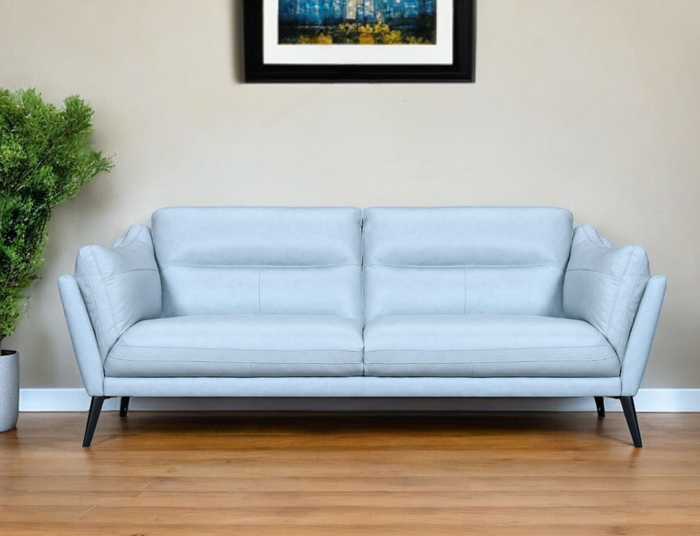 Homeroots 87" Sky Blue Leather Sofa With Black Legs   546414