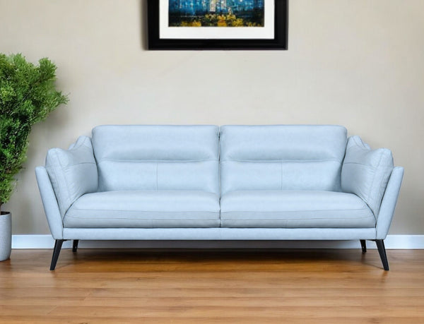 Homeroots 87" Sky Blue Leather Sofa With Black Legs   546414