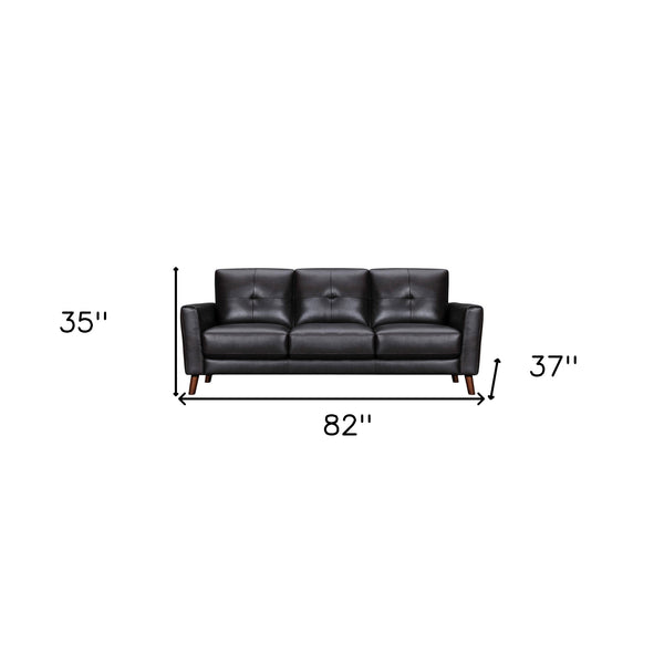 Homeroots 82" Black Leather Sofa With Brown Legs   546416