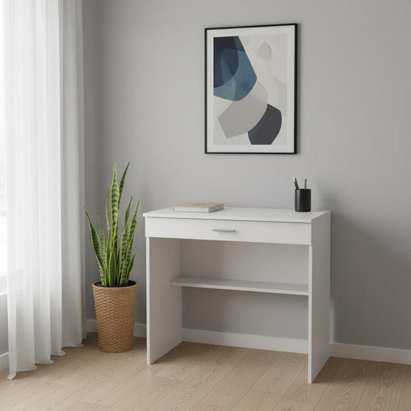 HomeRoots 32" Modern White Wood Computer Desk with Drawer - Stylish, Space-Saving Workstation for Home Office 546421