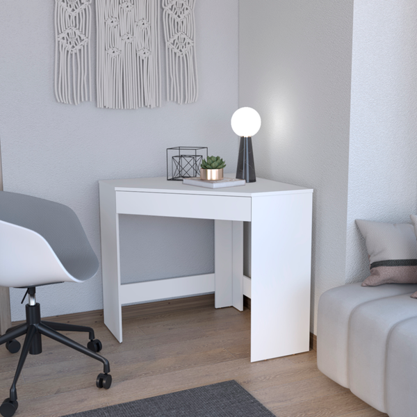 Homeroots 30" White Wood Corner Computer Desk - Stylish Space-saving Design With Hidden Storage For Home Office   546422