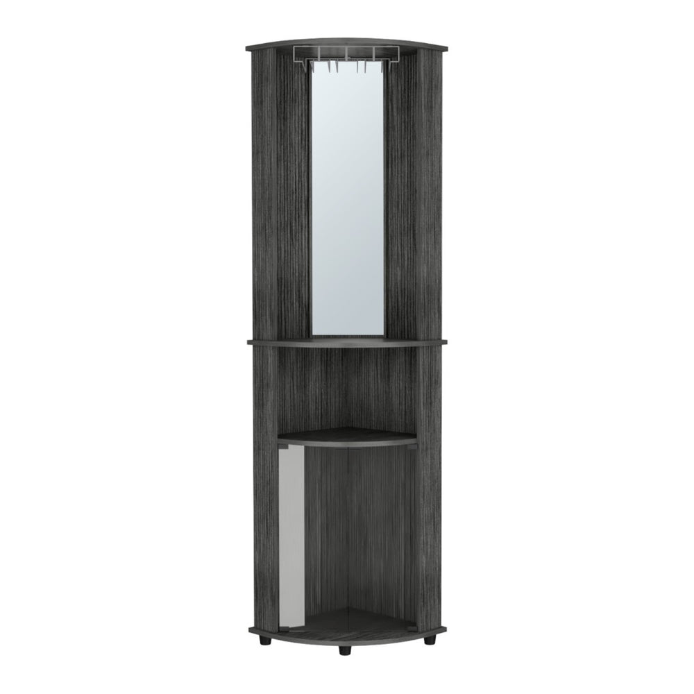 HomeRoots 75" Charcoal Wood Ribbed Texture Corner Bar Cabinet – Stylish Storage with Glass Doors & Wine Holder 546433