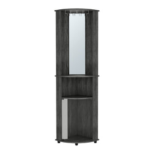 HomeRoots 75" Charcoal Wood Ribbed Texture Corner Bar Cabinet – Stylish Storage with Glass Doors & Wine Holder 546433