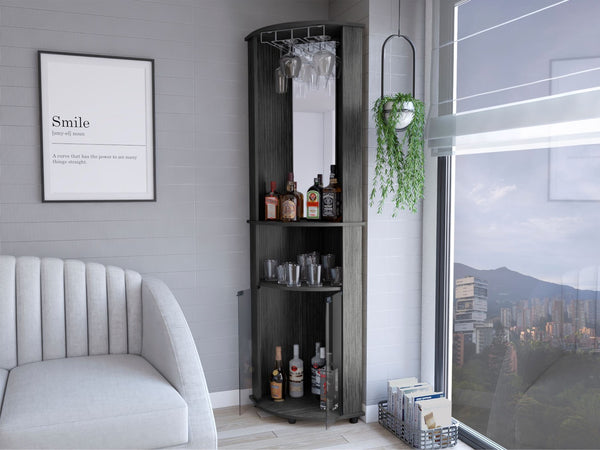 HomeRoots 75" Charcoal Wood Ribbed Texture Corner Bar Cabinet – Stylish Storage with Glass Doors & Wine Holder 546433