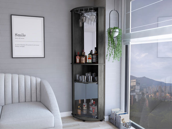 HomeRoots 75" Charcoal Wood Ribbed Texture Corner Bar Cabinet – Stylish Storage with Glass Doors & Wine Holder 546433