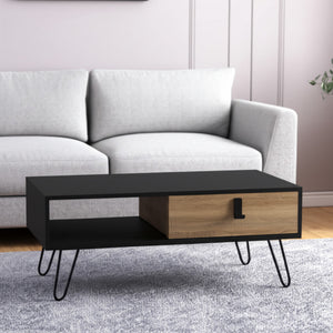 Homeroots 41" Stylish Black And Oak Coffee Table With Shelf And Drawer - Modern Metal Legs For Any Room   546434