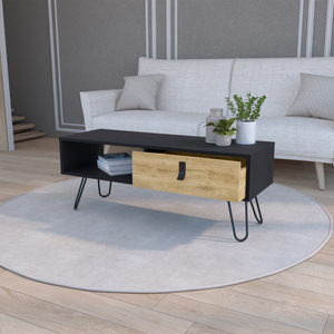 Homeroots 41" Stylish Black And Oak Coffee Table With Shelf And Drawer - Modern Metal Legs For Any Room   546434