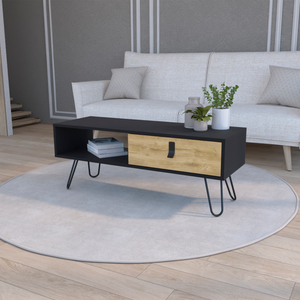 Homeroots 41" Stylish Black And Oak Coffee Table With Shelf And Drawer - Modern Metal Legs For Any Room   546434
