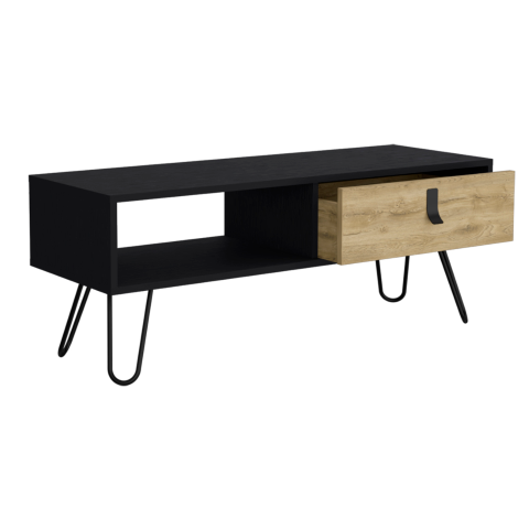 Homeroots 41" Stylish Black And Oak Coffee Table With Shelf And Drawer - Modern Metal Legs For Any Room   546434