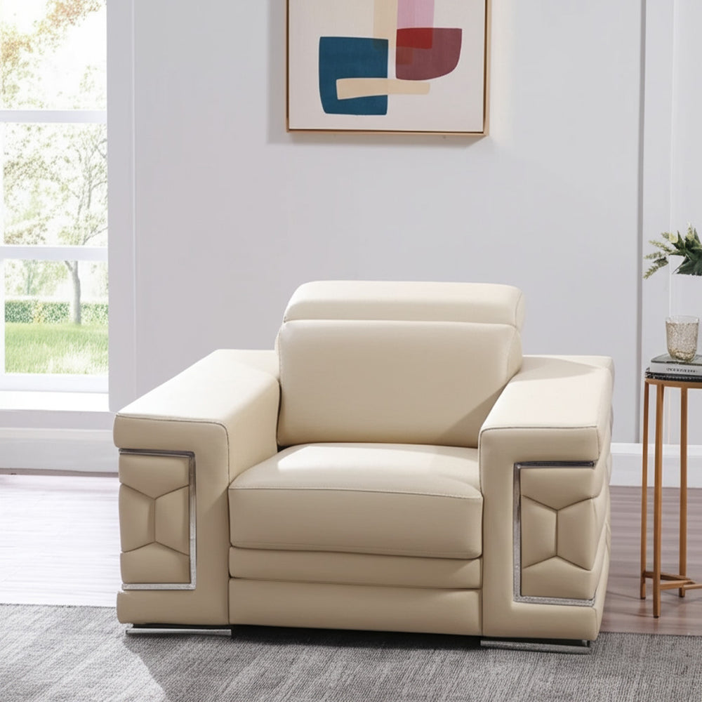 Homeroots 47" Beige And Silver Genuine Leather Club Chair - Stylish Comfort With Chrome Accents For Modern Spaces   546435