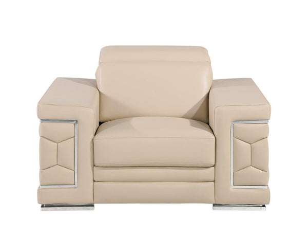 HomeRoots 47" Genuine Leather Club Chair with Chic Silver Accents, Tufted Design, and Adjustable Headrest Beige 546435