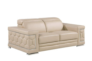 HomeRoots 70" Contemporary Leather Loveseat with Silver Accents, Adjustable Headrests, and Sleek Steel Legs CREAM 546439