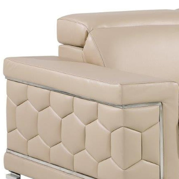 HomeRoots 70" Contemporary Leather Loveseat with Silver Accents, Adjustable Headrests, and Sleek Steel Legs CREAM 546439