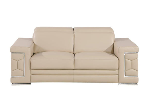HomeRoots 70" Contemporary Leather Loveseat with Silver Accents, Adjustable Headrests, and Sleek Steel Legs CREAM 546439