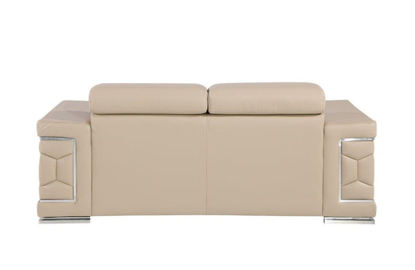 HomeRoots 70" Contemporary Leather Loveseat with Silver Accents, Adjustable Headrests, and Sleek Steel Legs CREAM 546439