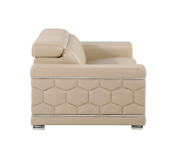 HomeRoots 70" Contemporary Leather Loveseat with Silver Accents, Adjustable Headrests, and Sleek Steel Legs CREAM 546439