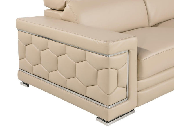 HomeRoots 70" Contemporary Leather Loveseat with Silver Accents, Adjustable Headrests, and Sleek Steel Legs CREAM 546439