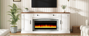 English Elm On-trend Farmhouse Electric Fireplace Console Walnut Veneer Media Cabinet for Living Room White N721S000069K