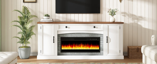 English Elm On-trend Farmhouse Electric Fireplace Console Walnut Veneer Media Cabinet for Living Room White N721S000069K