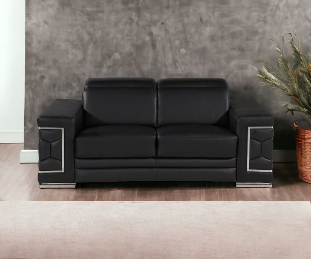 HomeRoots 70" Contemporary Leather Loveseat with Silver Accents, Adjustable Headrests, and Sleek Steel Legs BLACK 546440
