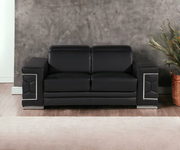 Homeroots 71" Black And Silver Genuine Leather Loveseat   546440