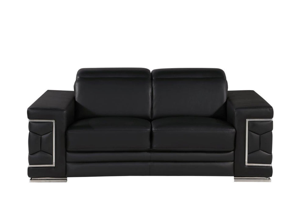HomeRoots 70" Contemporary Leather Loveseat with Silver Accents, Adjustable Headrests, and Sleek Steel Legs BLACK 546440