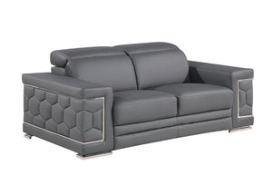 HomeRoots 70" Contemporary Leather Loveseat with Silver Accents, Adjustable Headrests, and Sleek Steel Legs DARK GRAY 546442