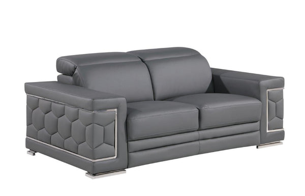 HomeRoots 70" Contemporary Leather Loveseat with Silver Accents, Adjustable Headrests, and Sleek Steel Legs DARK GRAY 546442
